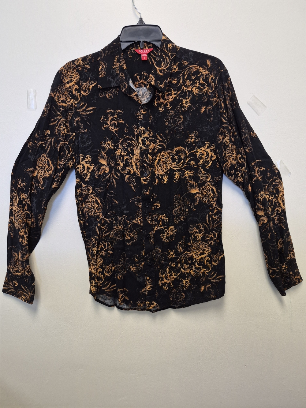 GUESS Black Button-Down Shirt with Gold Scroll Pattern
